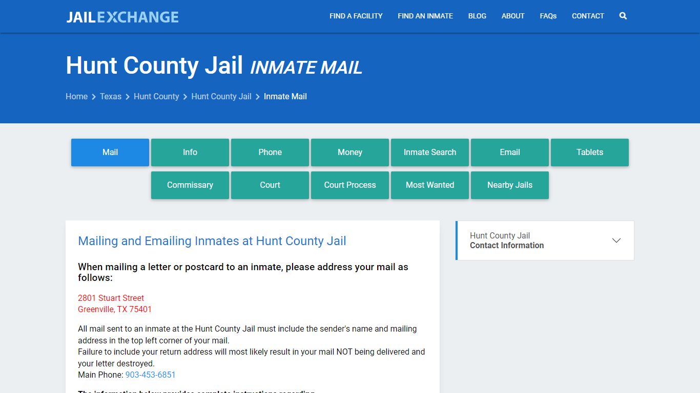 Inmate Mail - Hunt County Jail, TX - Jail Exchange